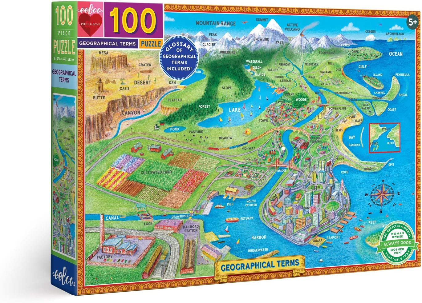 eeBoo - Piece and Love Geographical Terms 100 Piece Kids Jigsaw Puzzle