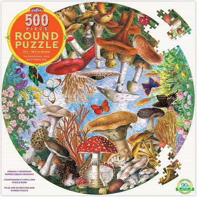eeBoo - Mushrooms and Butterflies Round Jigsaw Puzzle for Adults, 500 Pieces image of puzzle box