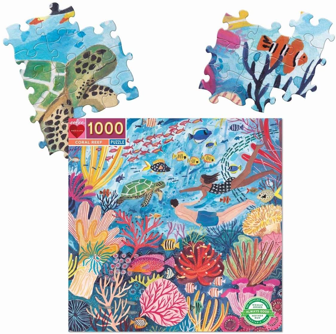 eeBoo - Piece and Love Coral Reef 1000 Piece Square Adult Jigsaw Puzzle photo of box and puzzle pieces