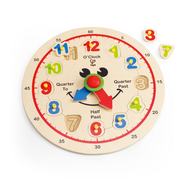 Hape Happy Hour Clock Kid's Wooden Time Learning Puzzle - WoodenToys.com