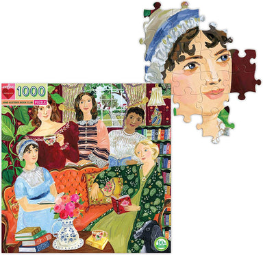 eeBoo - Piece and Love Jane Austen's Book Club 1000 Piece Square Adult Jigsaw Puzzle cover of box and puzzle detail