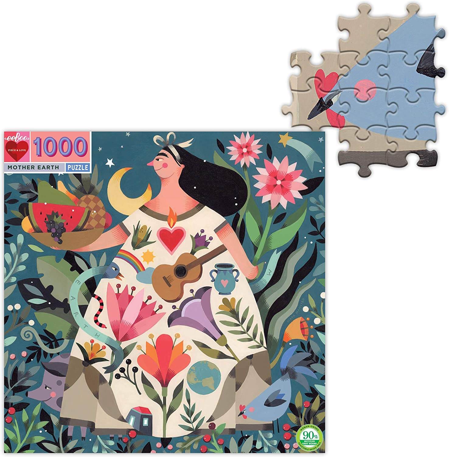 eeBoo - Piece and Love Mother Earth 1000 Piece Square Adult Jigsaw Puzzle Photo of box and completed section detail