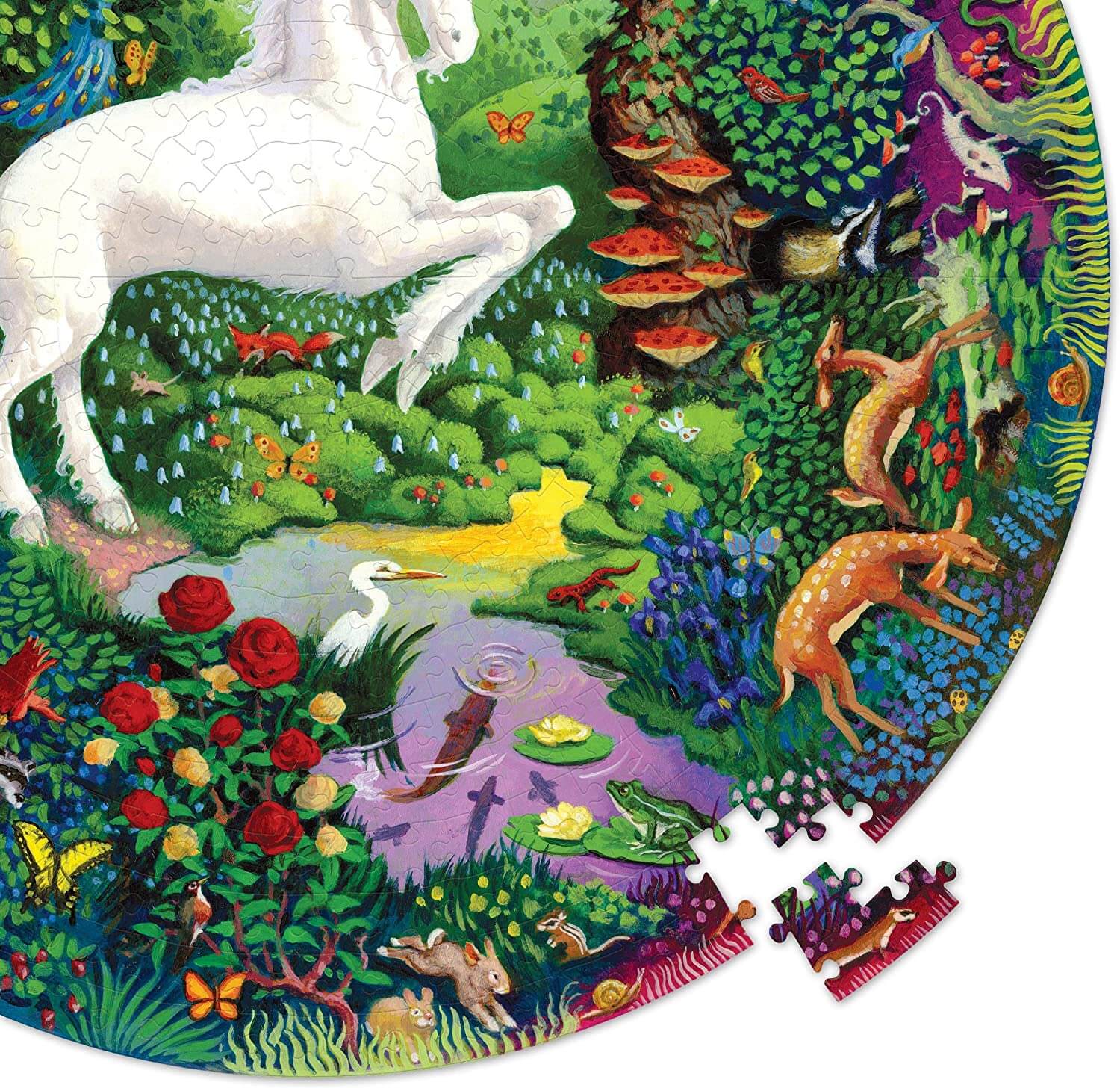eeBoo - Piece and Love Unicorn Garden 500 Piece Round Circle Jigsaw Puzzle. Detail of puzzle