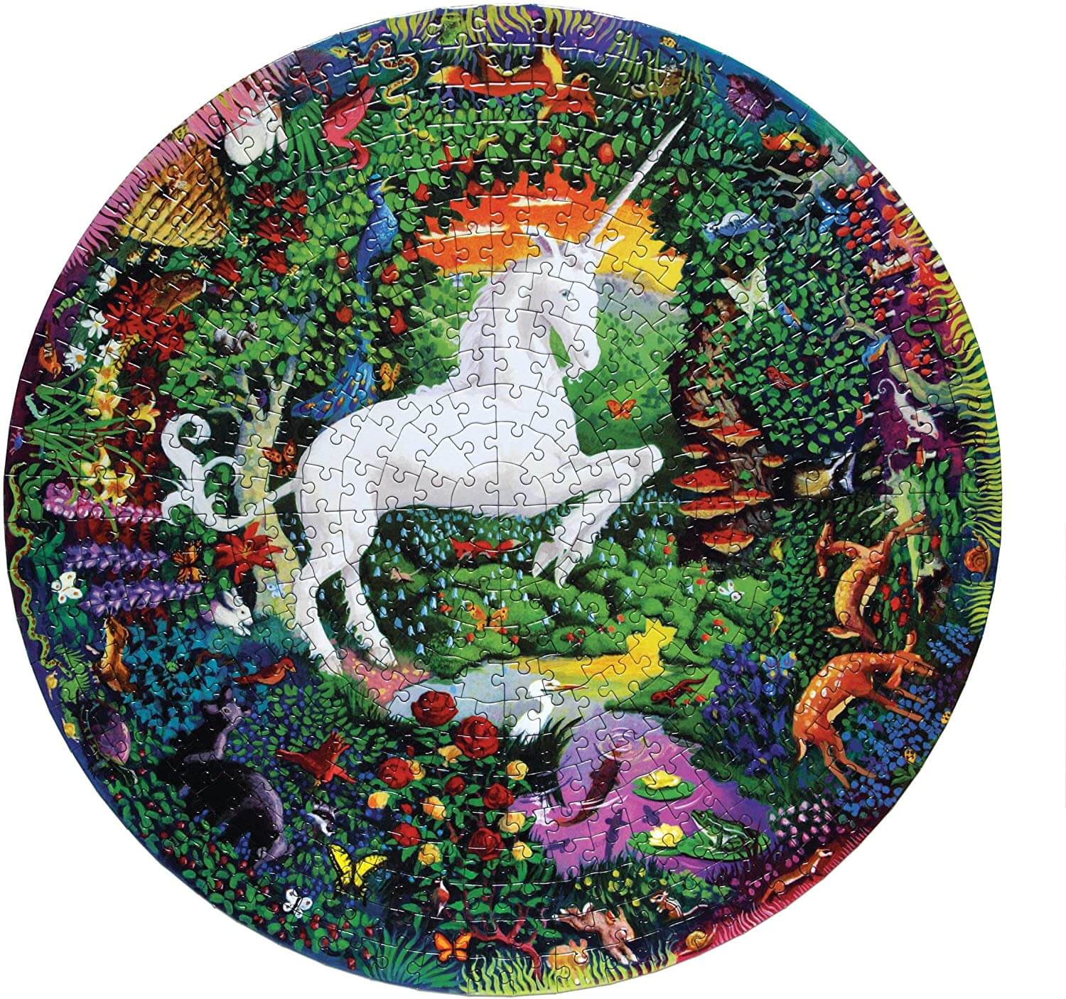 eeBoo - Piece and Love Unicorn Garden 500 Piece Round Circle Jigsaw Puzzle completed 