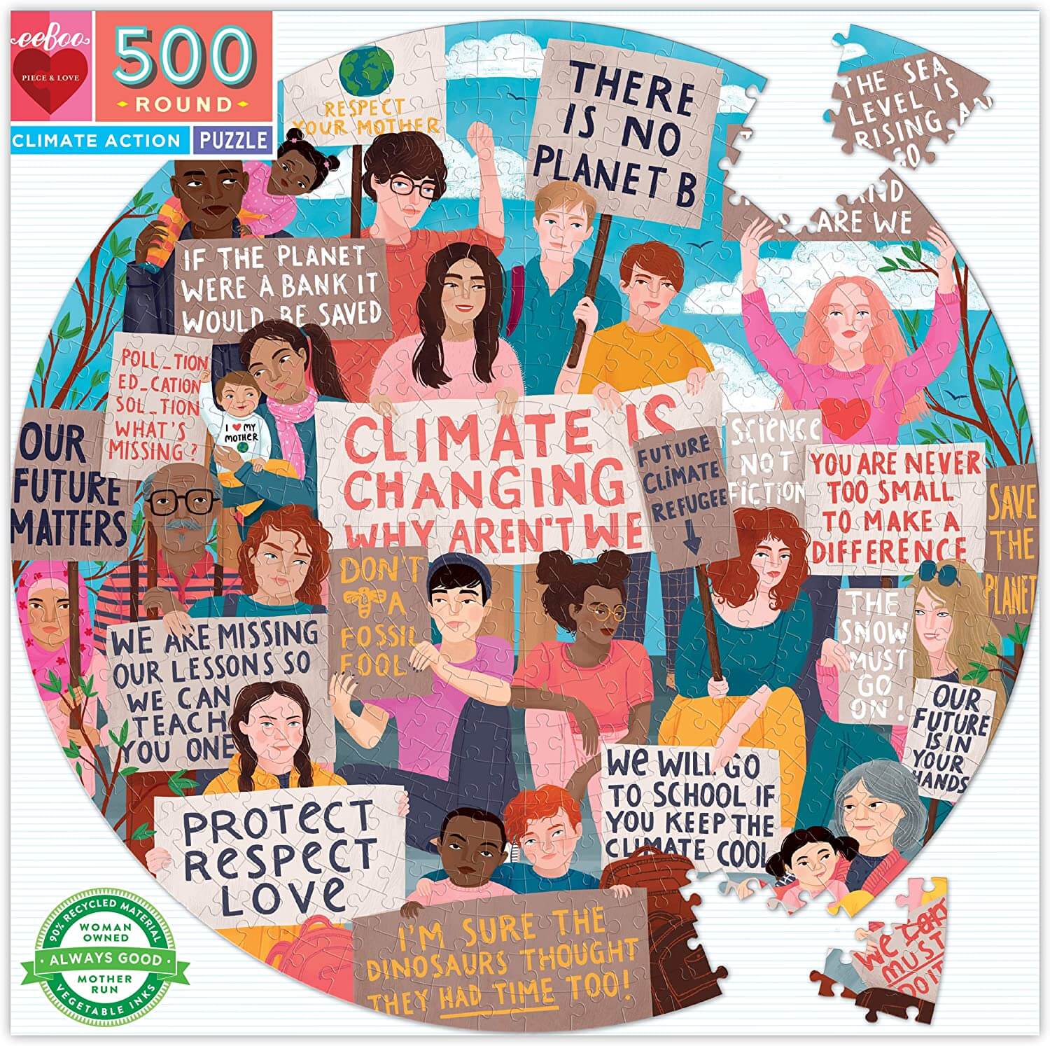 eeBoo - Piece and Love Climate Action 500 Piece Round Adult Jigsaw Puzzle