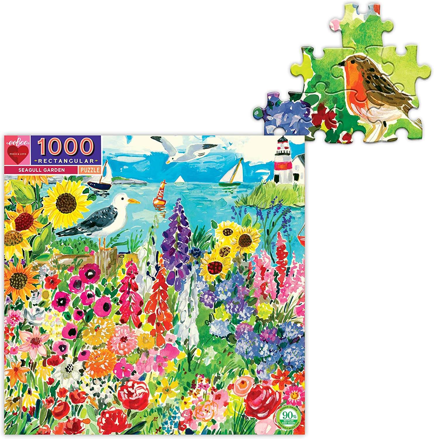 eeBoo - Piece and Love Seagull Garden 1000 Piece Rectangular Adult Jigsaw Puzzle photo of box with completed section of puzzle featuring a bird