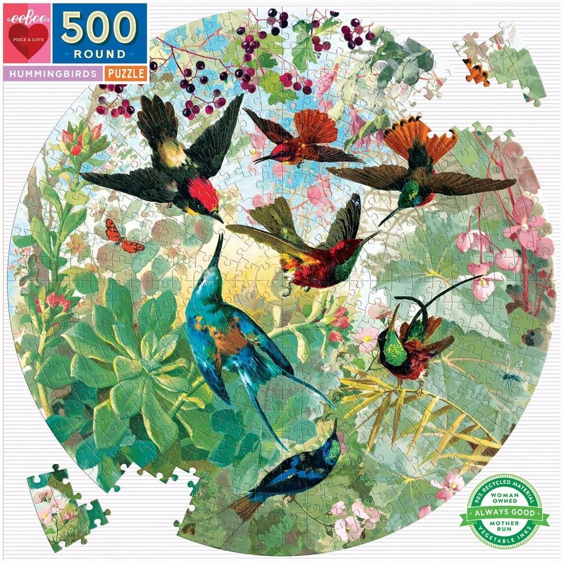 eBoo - Piece and Love Hummingbirds 500 Piece Round Circle Jigsaw Puzzle photo of puzzle box