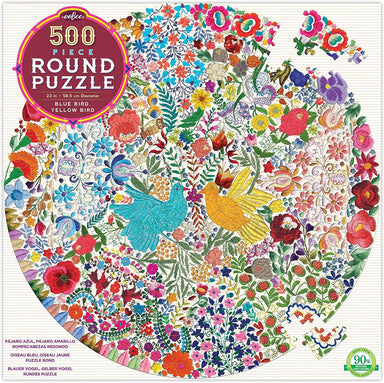 eeBoo - Piece and Love Blue Bird Yellow Bird 500 Piece Adult Round Jigsaw Puzzle photo of puzzle box