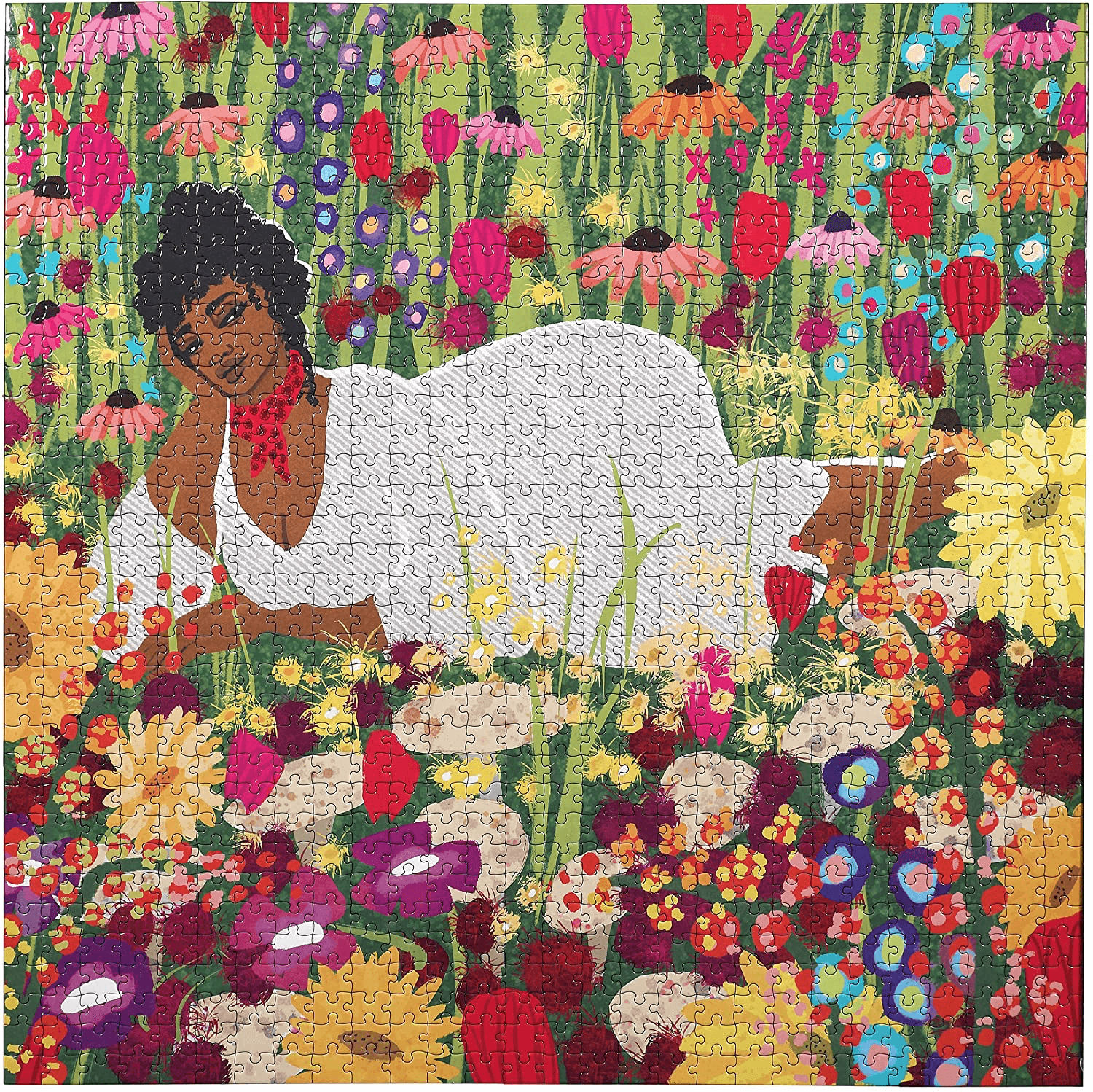 eeBoo - Piece and Love Woman in Flowers 1000 Piece Square Adult Jigsaw Puzzle completed puzzle