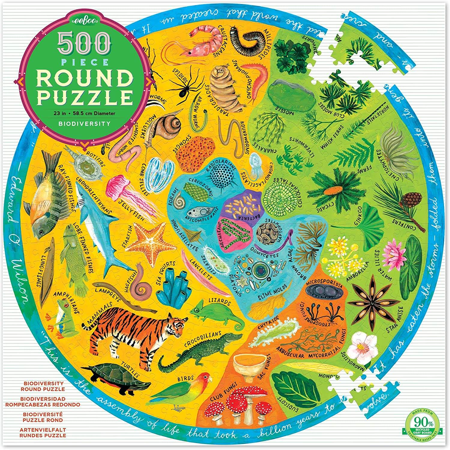 eeBoo's Piece and Love Biodiversity 500 Piece adult Round Jigsaw Puzzle photo of puzzle box