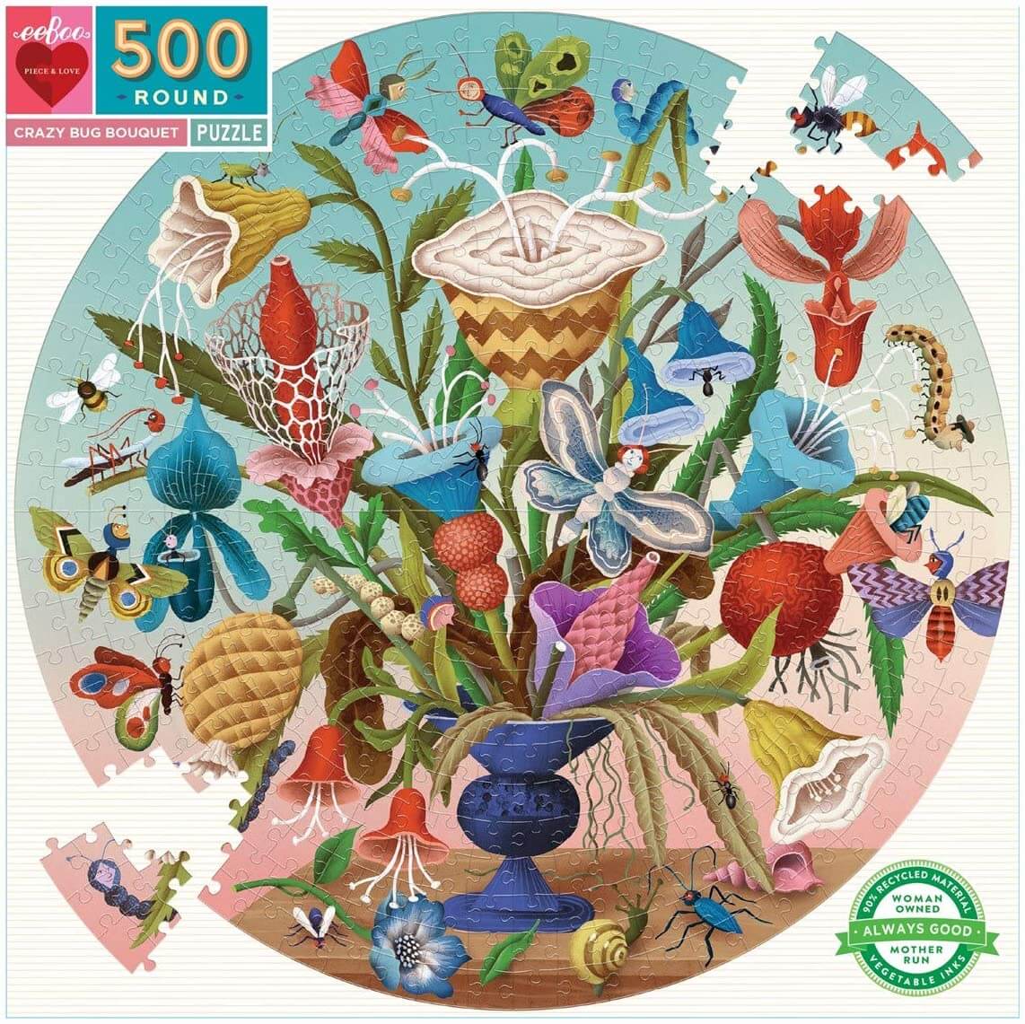 eeBoo - Piece and Love Crazy Bug Bouquet 500 Piece Round Jigsaw Puzzle