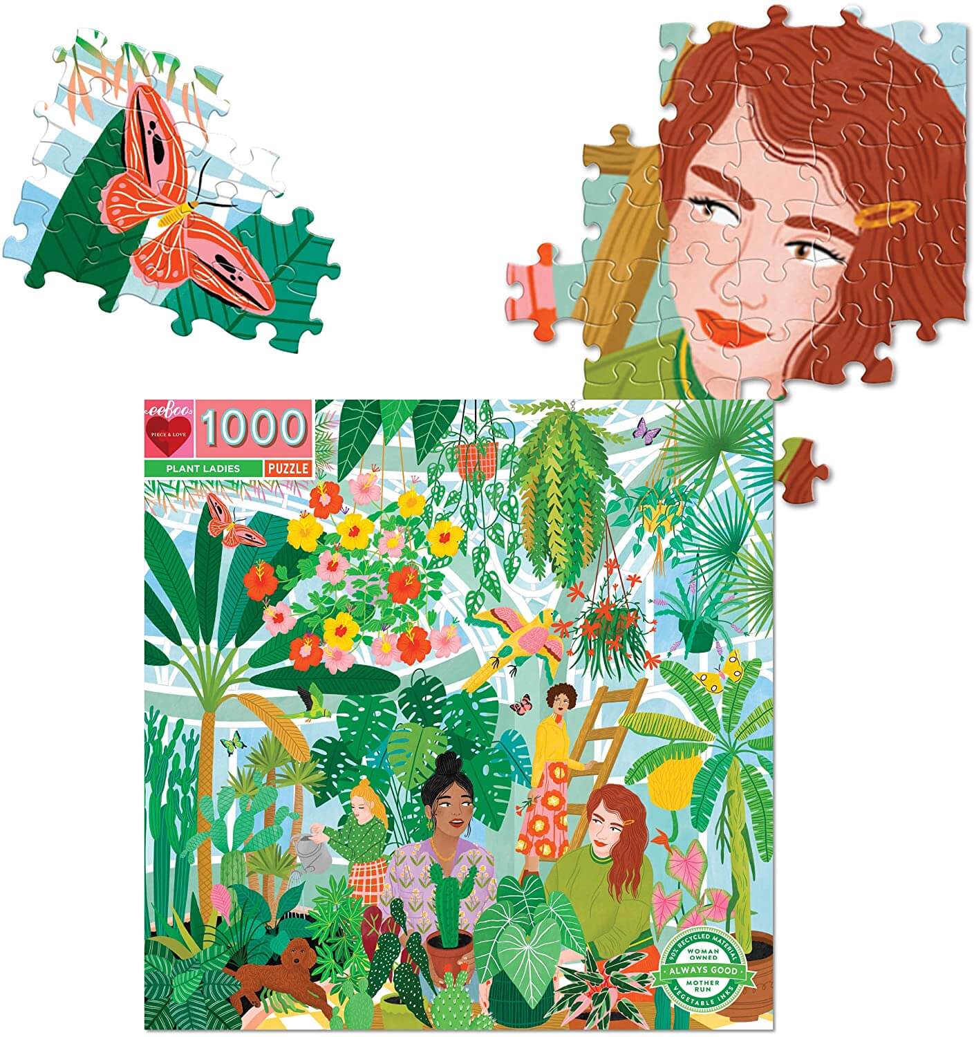 eeBoo - Piece and Love Plant Ladies 1000 Piece Square Adult Jigsaw Puzzle photo of puzzle box and  detail of two sections of completed puzzle
