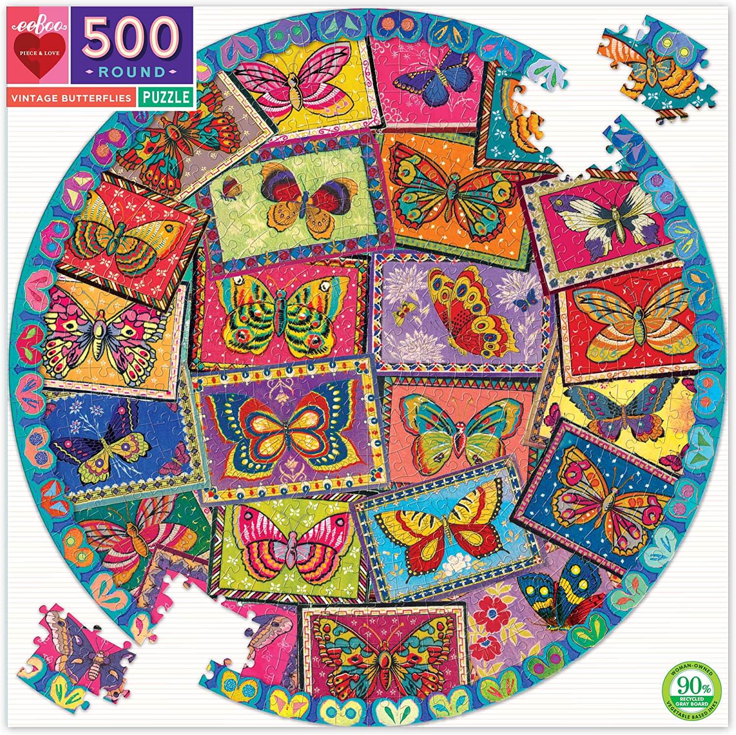 eeBoo - Piece and Love Vintage Butterflies 500 Piece Round Circle Jigsaw Puzzle