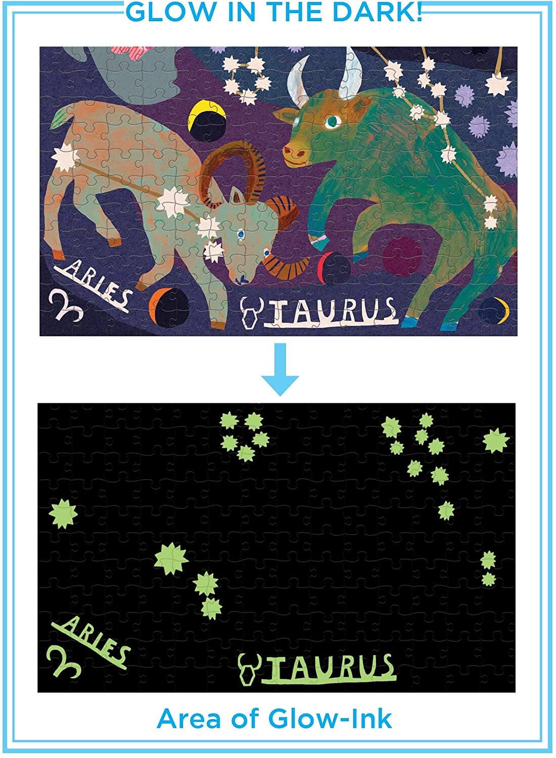 eeBoo - Piece and Love Zodiac Constellation 1000 Piece Square Adult Jigsaw Puzzle Glow in The Dark areas of the puzzle that glow in the dark