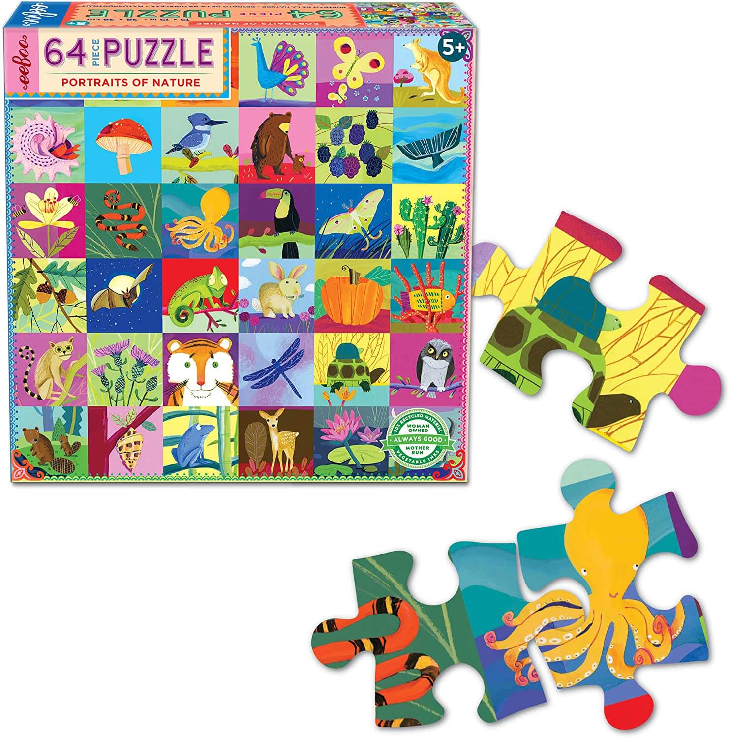 eeBoo - Portraits of Nature 64 Piece Jigsaw Puzzle for Kids photo of puzzle box with puzzle pieces